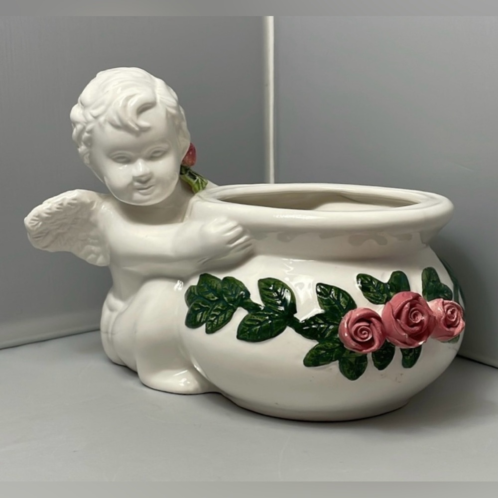 Vintage Ceramic Bloom Rite Cherub & Rose  Planter, White w/ Pink & Green Flowers